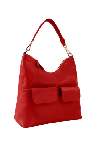 Leather Luxury Shoulder Bag Handbag | Handmade to Order in Italy, Soft Pebble-Grain Leather | Women's Purse with Sinuous Curves & Graceful Pockets (Red)