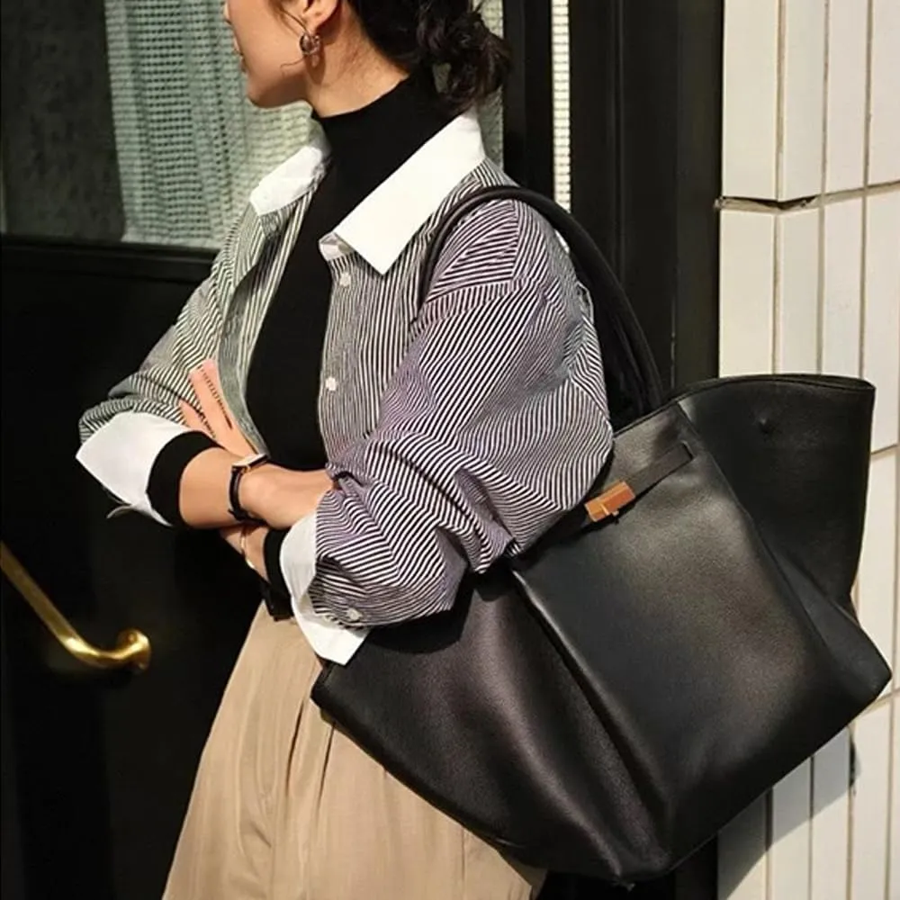 Leather Midi New York Tote Bag for Women Elegant Leather Tote Bag Large Capacity Wallet, Wing Bag, Trapezoidal Shape