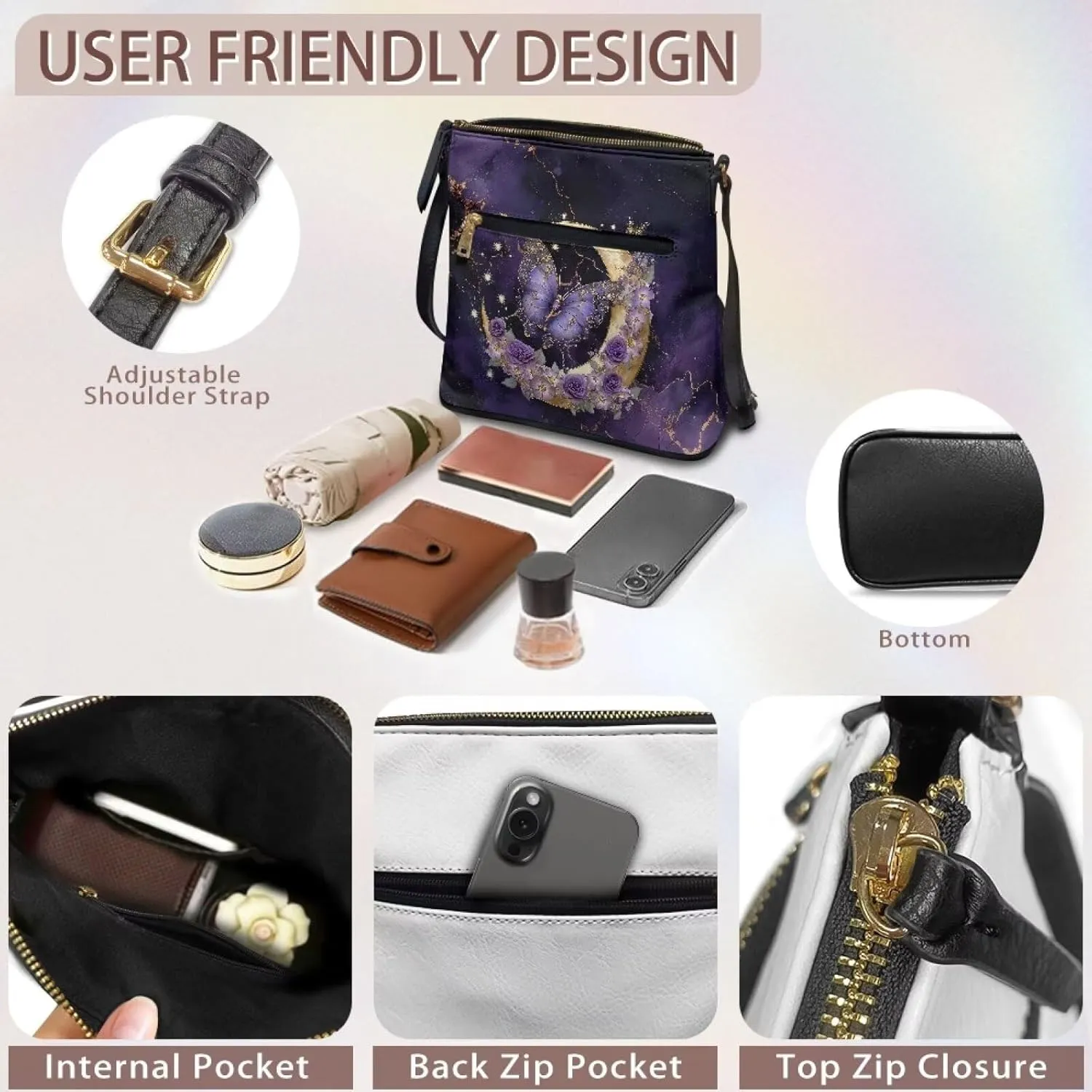 Leather Purse for Women, Small Leather Hobo Bag for Women Fashion Travel Sling Purse Zippered for Girls