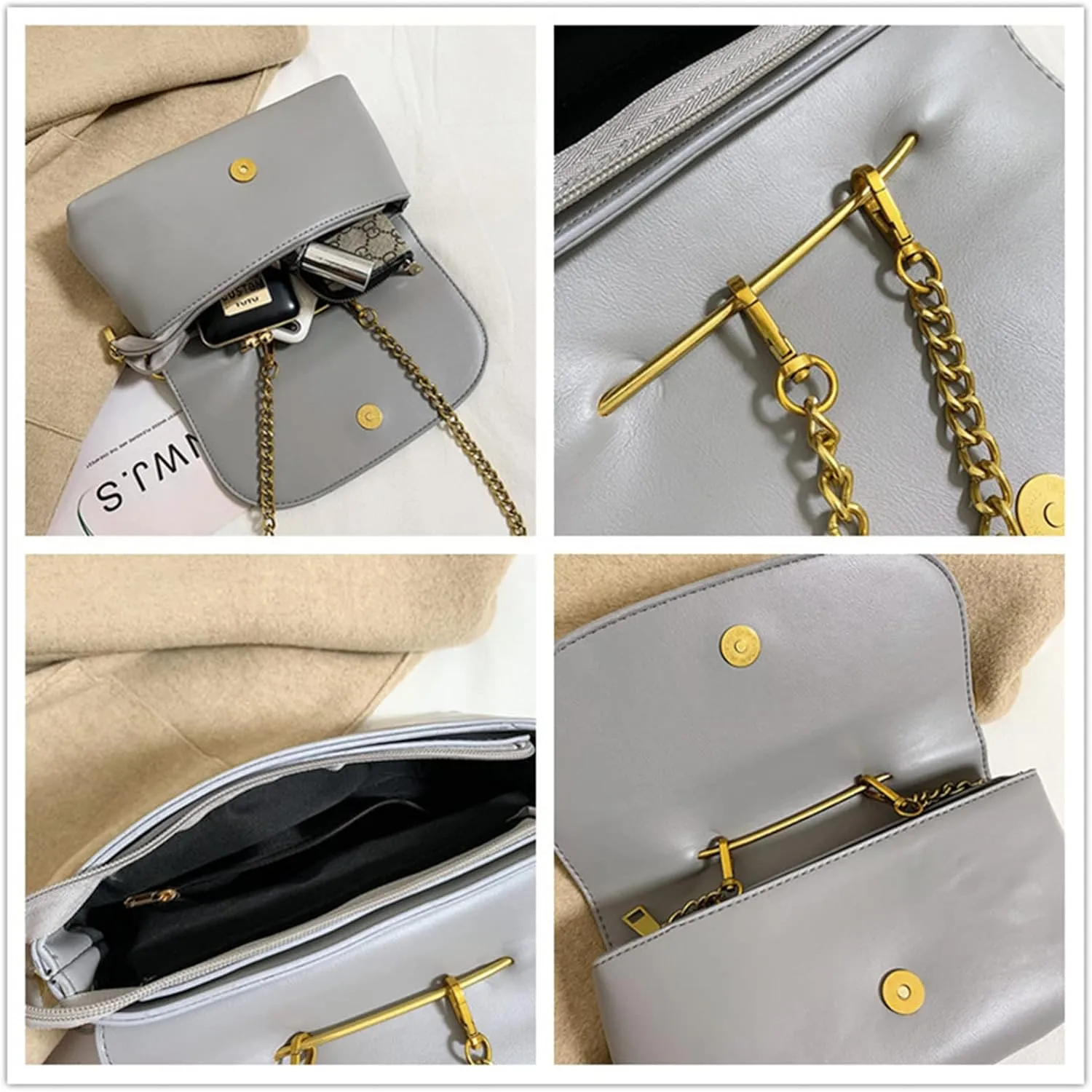 Leather Shoulder Bag for Women, Designer Flap Handbag with Chain, Crossbody Bag Purse Satchel Clutch