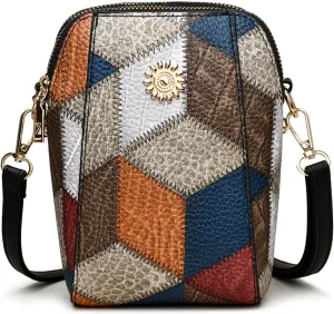 Leather Small Crossbody Bags Purses for Women Vintage Color-block style Cell Phone Shoulder Bag