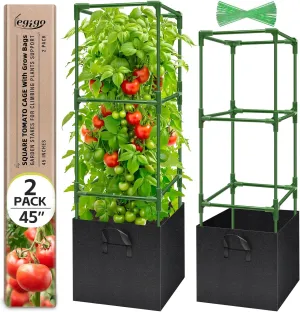 Legigo 2 Pack Tomato Cages with 17 Gallon Grow Bags- 47 Inch Square Tomato Cages for Garden, Heavy-Duty Tomato Stakes Plant Support Cages Trellis for Garden Vertical Climbing Plants Vegetables