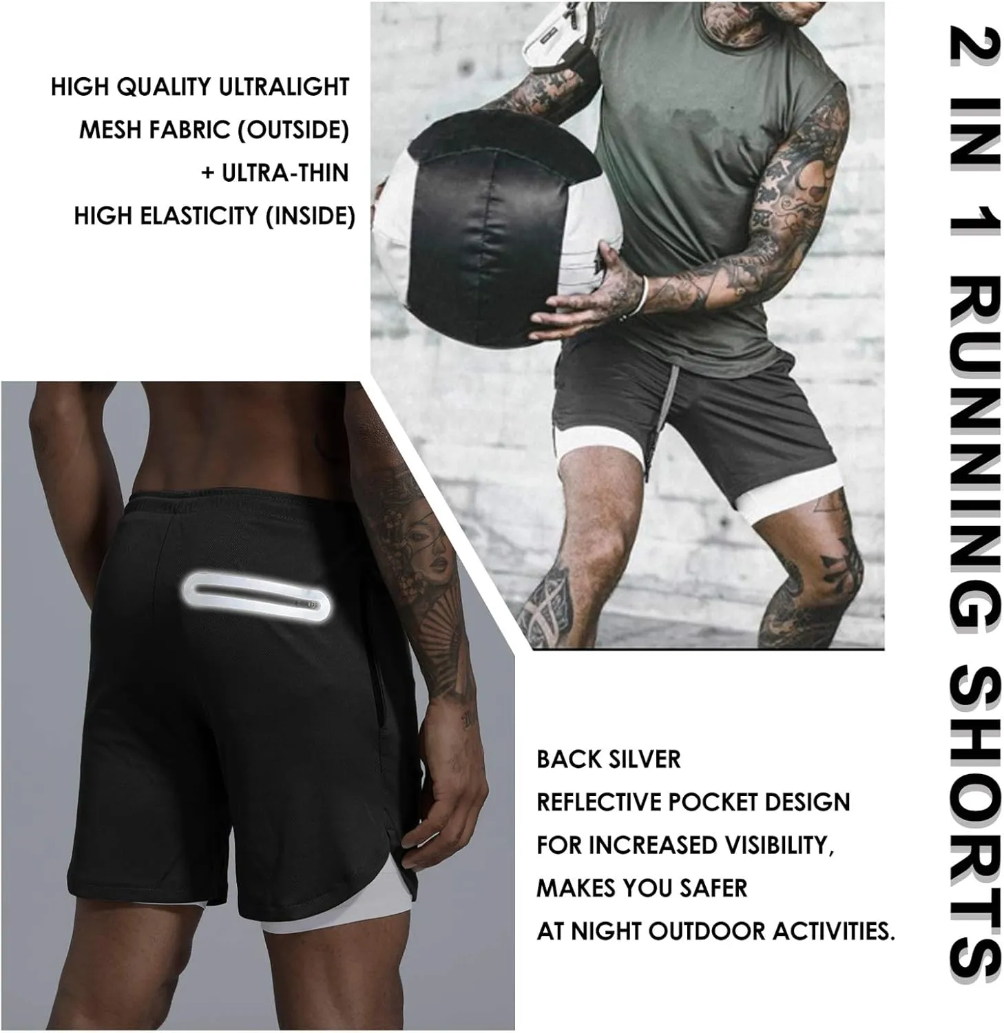 Leidowei Men's 2 in 1 Workout Running Shorts Lightweight Training Yoga Gym 7" Short with Zipper Pockets