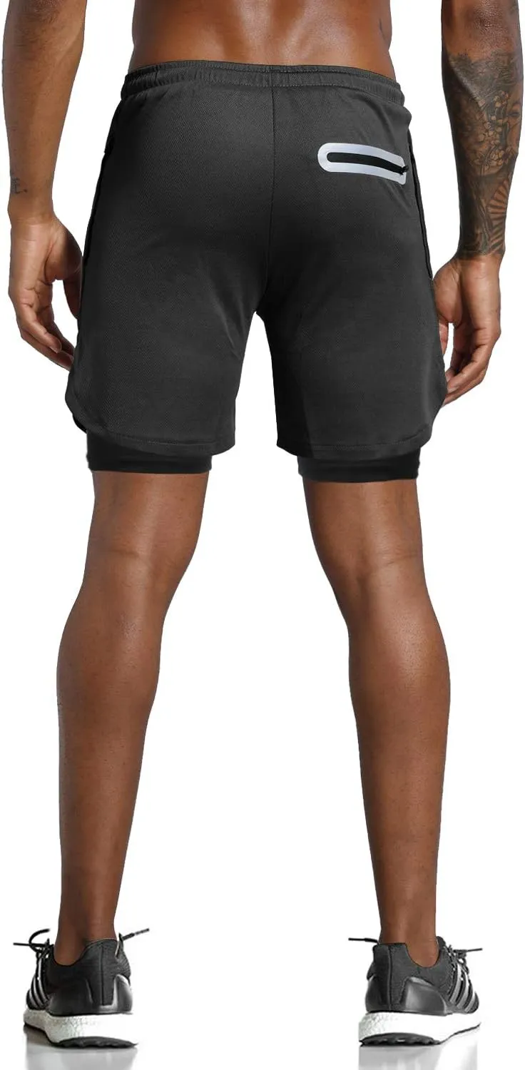 Leidowei Men's 2 in 1 Workout Running Shorts Lightweight Training Yoga Gym 7" Short with Zipper Pockets