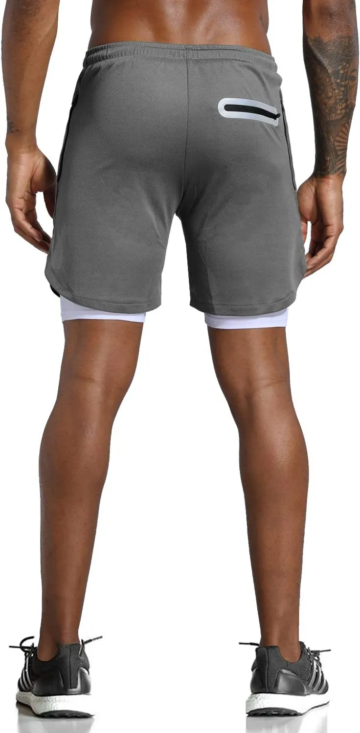 Leidowei Men's 2 in 1 Workout Running Shorts Lightweight Training Yoga Gym 7" Short with Zipper Pockets
