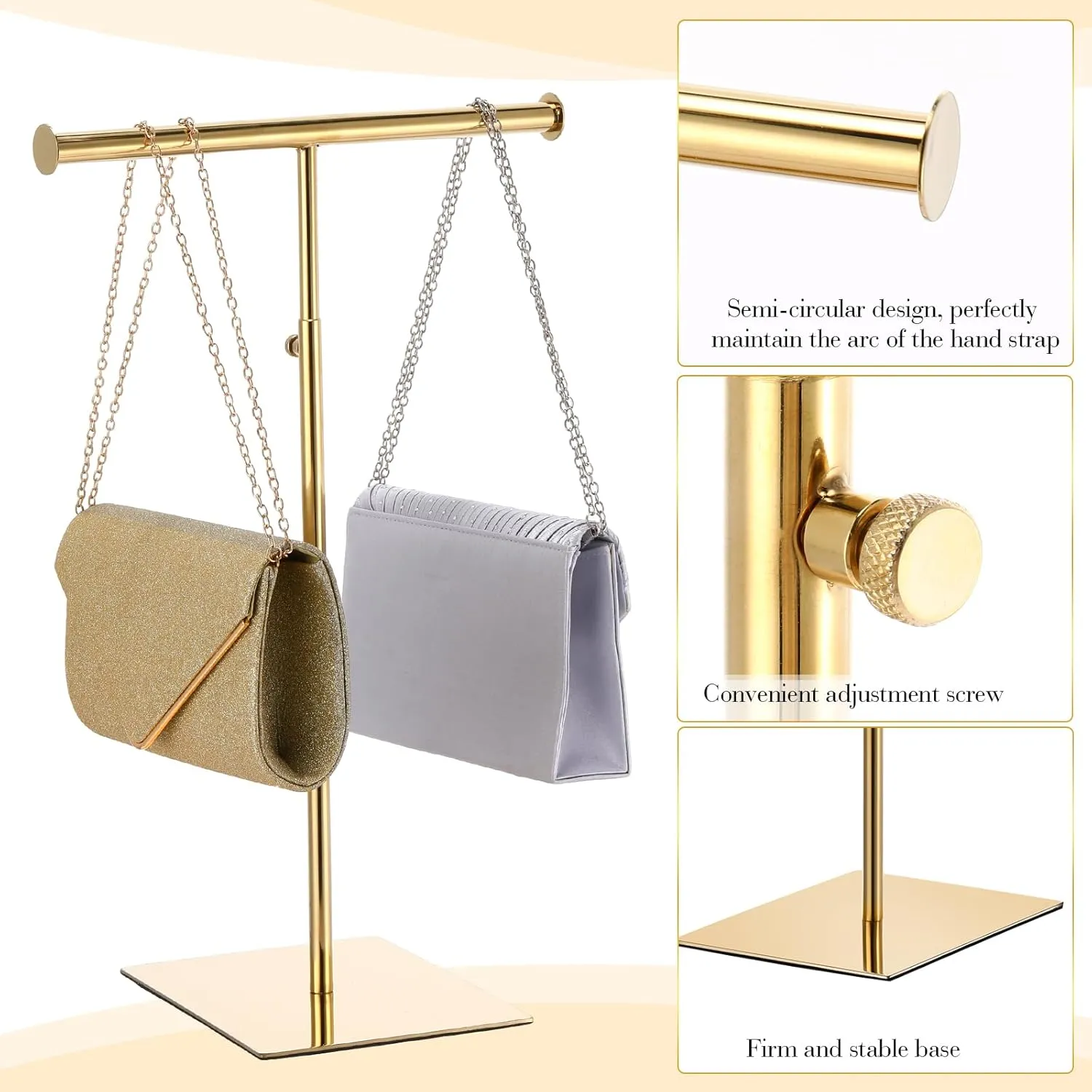 Leinuosen 4 Pcs Tabletop Purse Display Stand T Shaped Adjustable Height Purse Hanger Rack Necklace Display Stand(Gold)