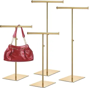 Leinuosen 4 Pcs Tabletop Purse Display Stand T Shaped Adjustable Height Purse Hanger Rack Necklace Display Stand(Gold)