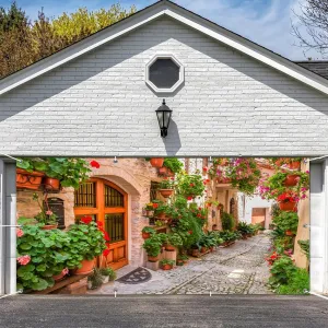 Leowefowa 16x7ft Polyester Old Town Street Garage Door Banner Ancient Building Floral Path Travel Scenery Garage Buddy Door Covers for Indoor Outdoor Summer Holiday Party Decorations