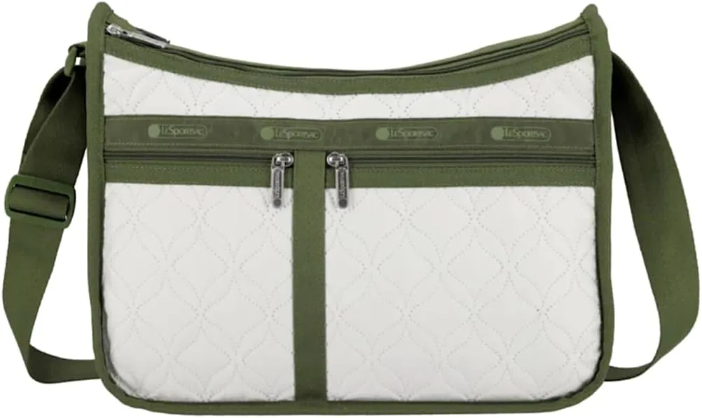 LeSportsac Wavy Deboss Off-White Deluxe Everyday Crossbody Bag   Cosmetic Bag, Style 7507/Color E912, Unique Quilted Wavy Debossed Interpretative Flower Specialty Pattern, Off-White & Avocado Green