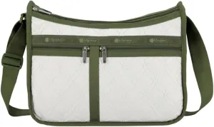 LeSportsac Wavy Deboss Off-White Deluxe Everyday Crossbody Bag   Cosmetic Bag, Style 7507/Color E912, Unique Quilted Wavy Debossed Interpretative Flower Specialty Pattern, Off-White & Avocado Green