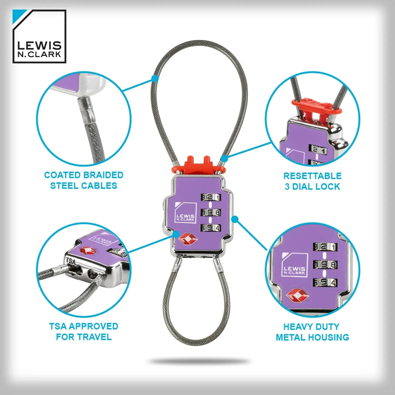 Lewis N Clark 3X Security Lock TSA Luggage Locks for Suitcases, Carry On, Laptop Bag, Set Combo to Create Secure Padlock for Travel, Vacation, Business, or Backpacking, Purple, 1 Pack