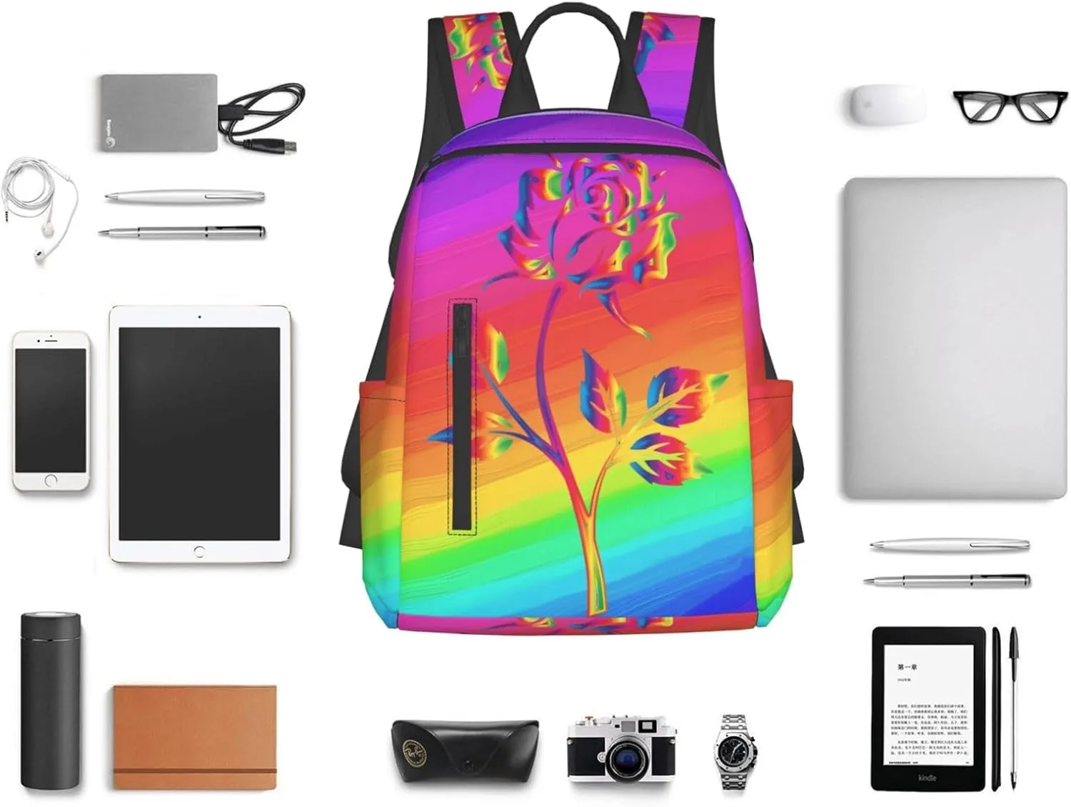 LGBT Gay Pride Rainbow Rose Travel Laptop Backpack Casual Backpacks Double Shoulder Daypack Notebook Rucksack Work Bags Sports Bag for Gym Hiking Camping Beach