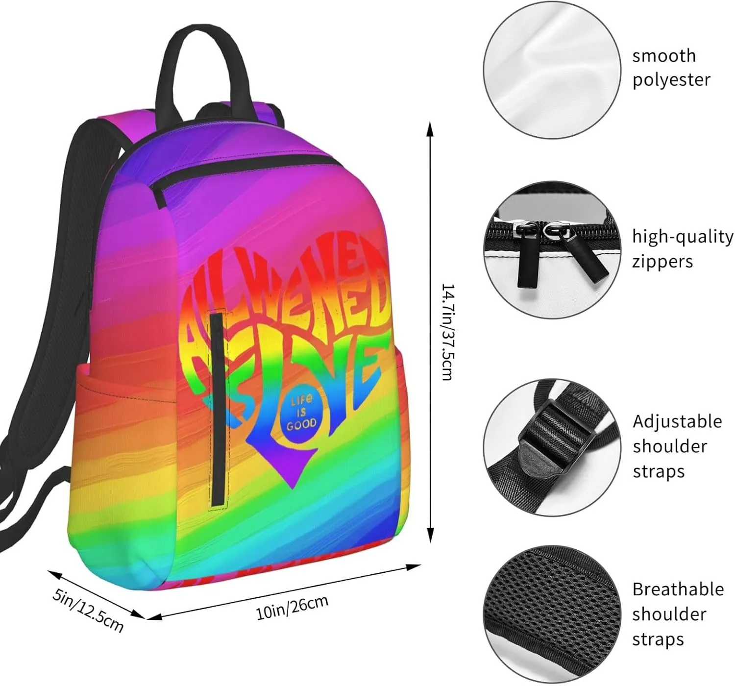 LGBT Rainbow All We Need Is Love Life is Soo Good Travel Laptop Backpack Casual Backpacks Double Shoulder Daypack Notebook Rucksack Work Bags Sports Bag for Gym Hiking Camping Beach
