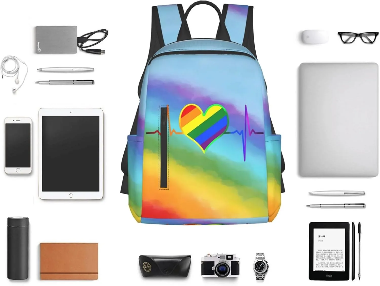 LGBT Rainbow Gay Pride Heart Beat Pulse Travel Laptop Backpack Casual Backpacks Double Shoulder Daypack Notebook Rucksack Work Bags Sports Bag for Gym Hiking Camping Beach