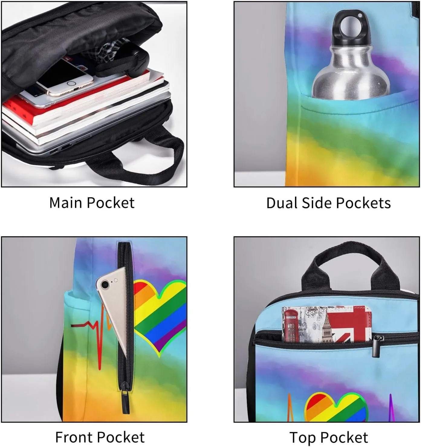 LGBT Rainbow Gay Pride Heart Beat Pulse Travel Laptop Backpack Casual Backpacks Double Shoulder Daypack Notebook Rucksack Work Bags Sports Bag for Gym Hiking Camping Beach