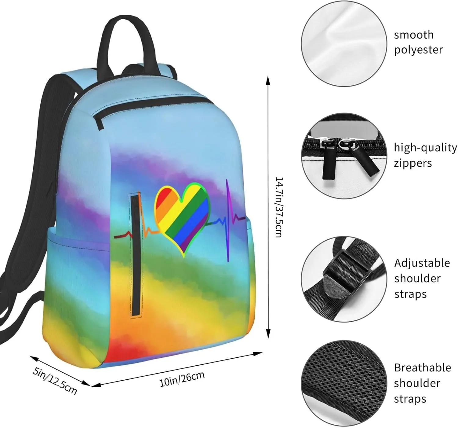 LGBT Rainbow Gay Pride Heart Beat Pulse Travel Laptop Backpack Casual Backpacks Double Shoulder Daypack Notebook Rucksack Work Bags Sports Bag for Gym Hiking Camping Beach