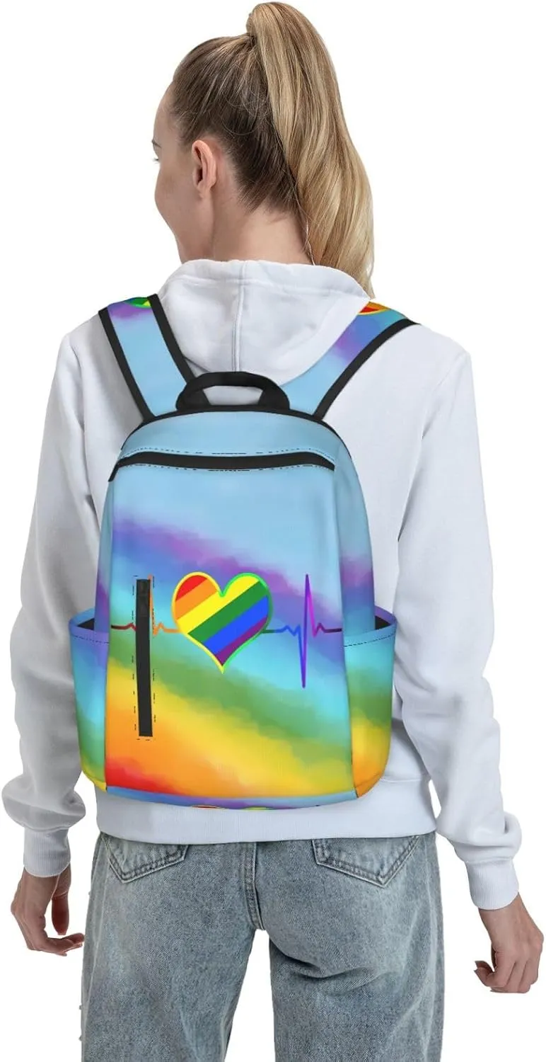 LGBT Rainbow Gay Pride Heart Beat Pulse Travel Laptop Backpack Casual Backpacks Double Shoulder Daypack Notebook Rucksack Work Bags Sports Bag for Gym Hiking Camping Beach