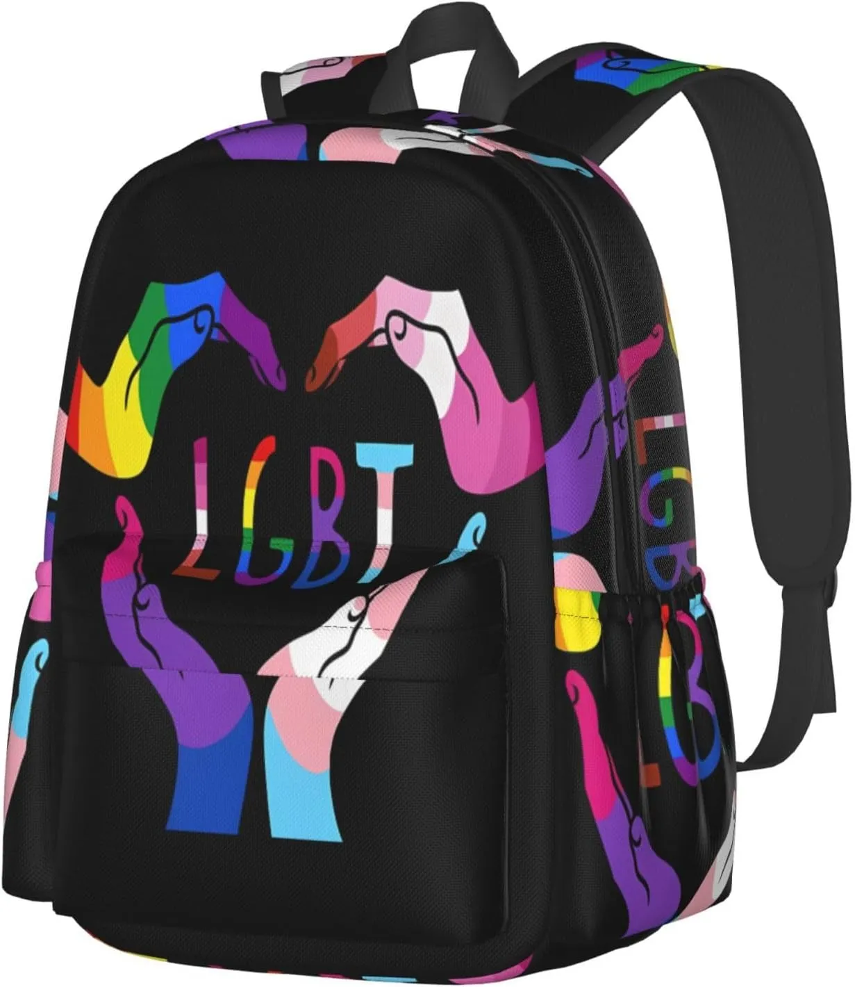 LGBT Rainbow Gay Pride Heart Gesture 17 Inch Casual Backpack Laptop Backpacks Travel Back Pack Large Camping Rucksack Hiking Daypack Lightweight Double Shoulder Bag