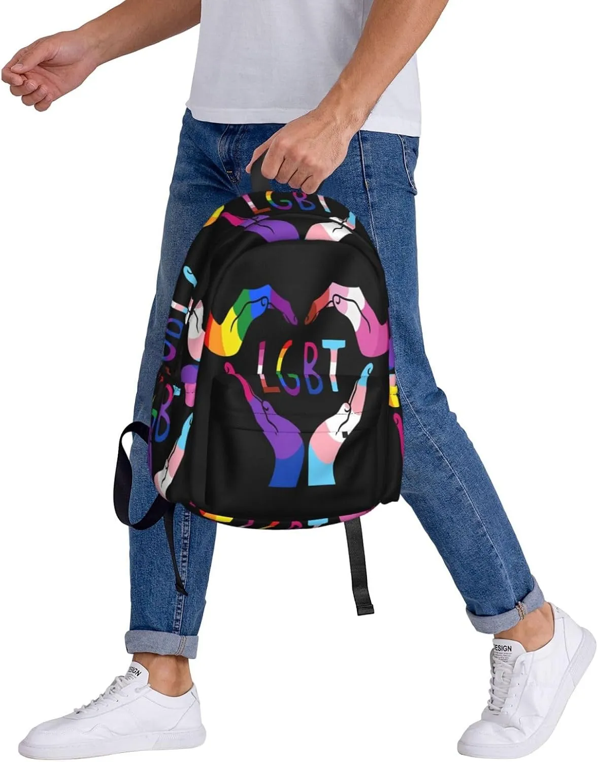 LGBT Rainbow Gay Pride Heart Gesture 17 Inch Casual Backpack Laptop Backpacks Travel Back Pack Large Camping Rucksack Hiking Daypack Lightweight Double Shoulder Bag