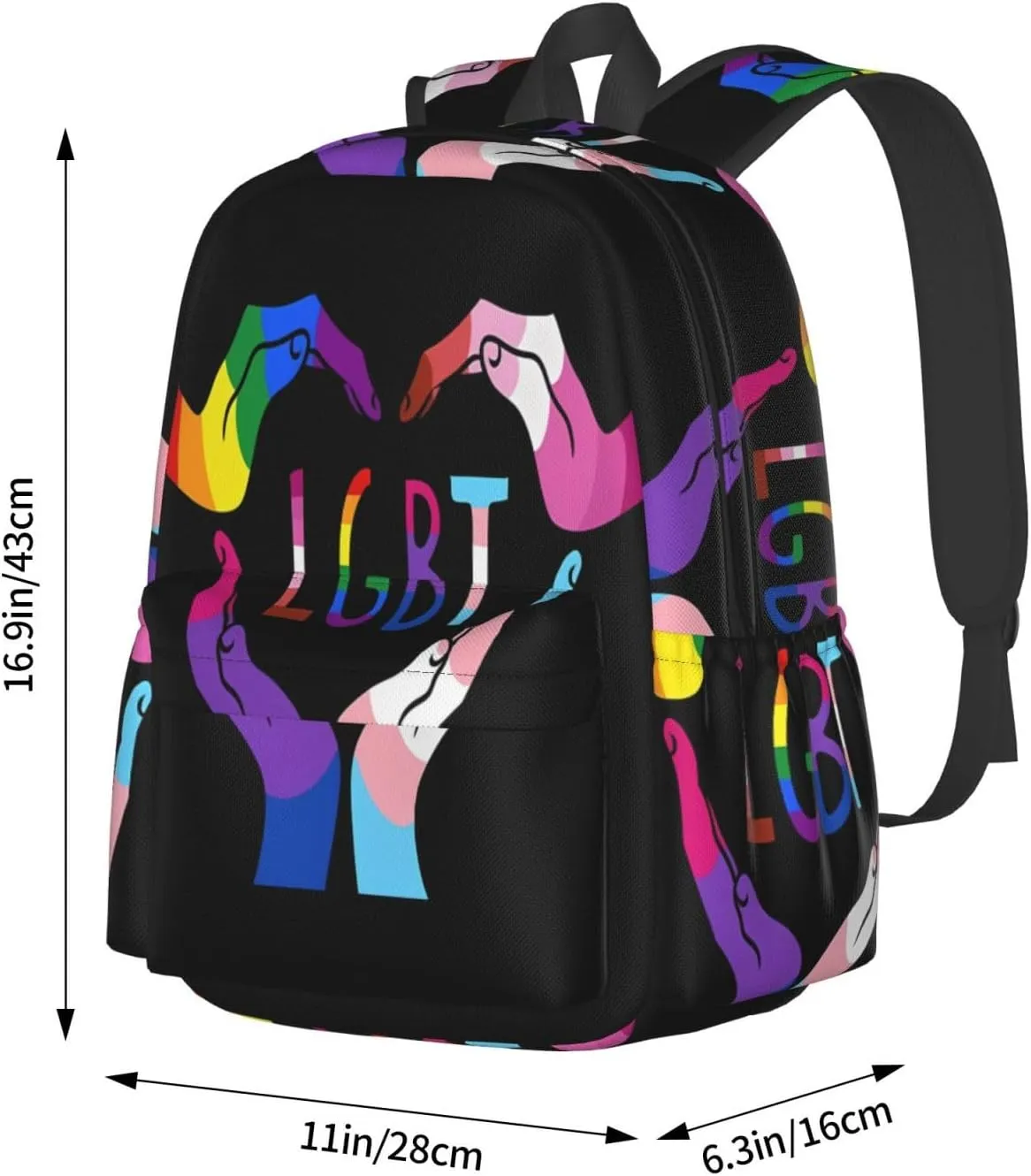 LGBT Rainbow Gay Pride Heart Gesture 17 Inch Casual Backpack Laptop Backpacks Travel Back Pack Large Camping Rucksack Hiking Daypack Lightweight Double Shoulder Bag