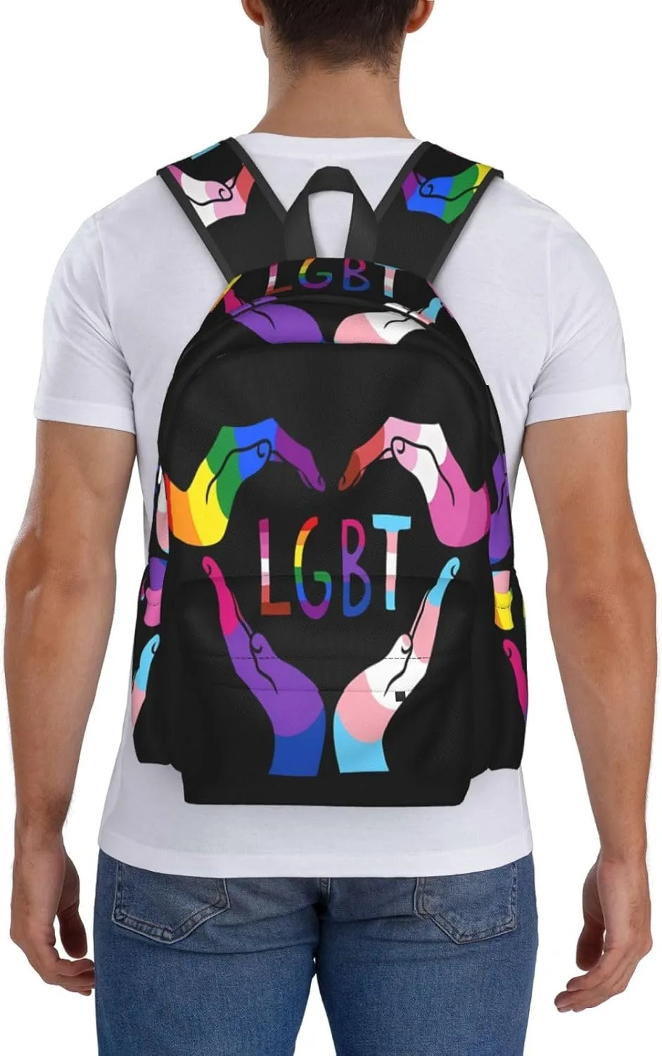 LGBT Rainbow Gay Pride Heart Gesture 17 Inch Casual Backpack Laptop Backpacks Travel Back Pack Large Camping Rucksack Hiking Daypack Lightweight Double Shoulder Bag