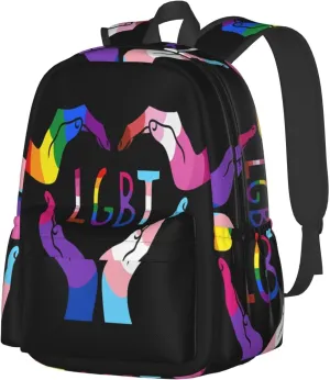 LGBT Rainbow Gay Pride Heart Gesture 17 Inch Casual Backpack Laptop Backpacks Travel Back Pack Large Camping Rucksack Hiking Daypack Lightweight Double Shoulder Bag