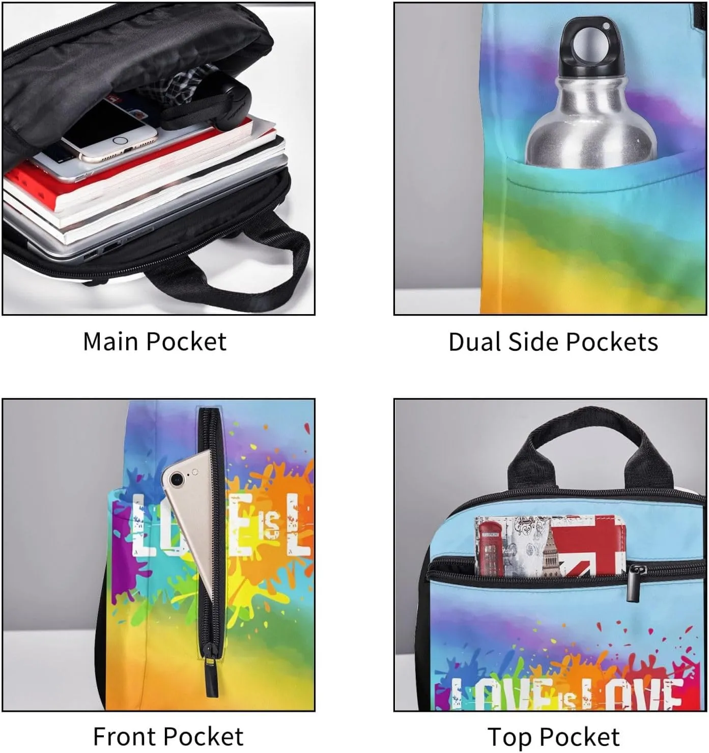 LGBT Rainbow Gay Pride Love Is Love Graffiti Travel Laptop Backpack Casual Backpacks Double Shoulder Daypack Notebook Rucksack Work Bags Sports Bag for Gym Hiking Camping Beach