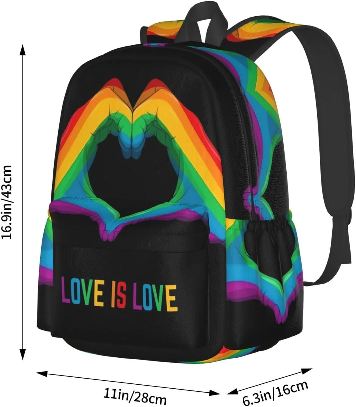LGBT Rainbow Gay Pride Love Is Love Heart Gesture 17 Inch Casual Backpack Laptop Backpacks Travel Back Pack Large Camping Rucksack Hiking Daypack Lightweight Double Shoulder Bag