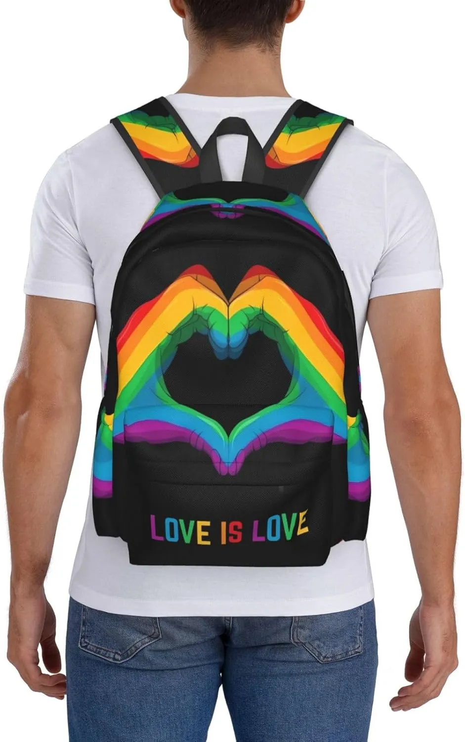 LGBT Rainbow Gay Pride Love Is Love Heart Gesture 17 Inch Casual Backpack Laptop Backpacks Travel Back Pack Large Camping Rucksack Hiking Daypack Lightweight Double Shoulder Bag