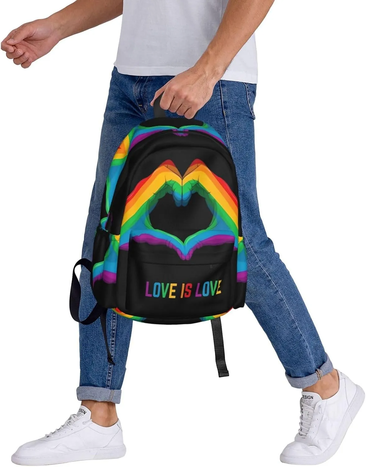 LGBT Rainbow Gay Pride Love Is Love Heart Gesture 17 Inch Casual Backpack Laptop Backpacks Travel Back Pack Large Camping Rucksack Hiking Daypack Lightweight Double Shoulder Bag