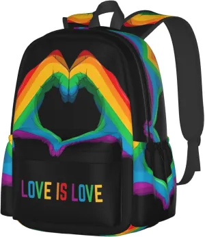LGBT Rainbow Gay Pride Love Is Love Heart Gesture 17 Inch Casual Backpack Laptop Backpacks Travel Back Pack Large Camping Rucksack Hiking Daypack Lightweight Double Shoulder Bag