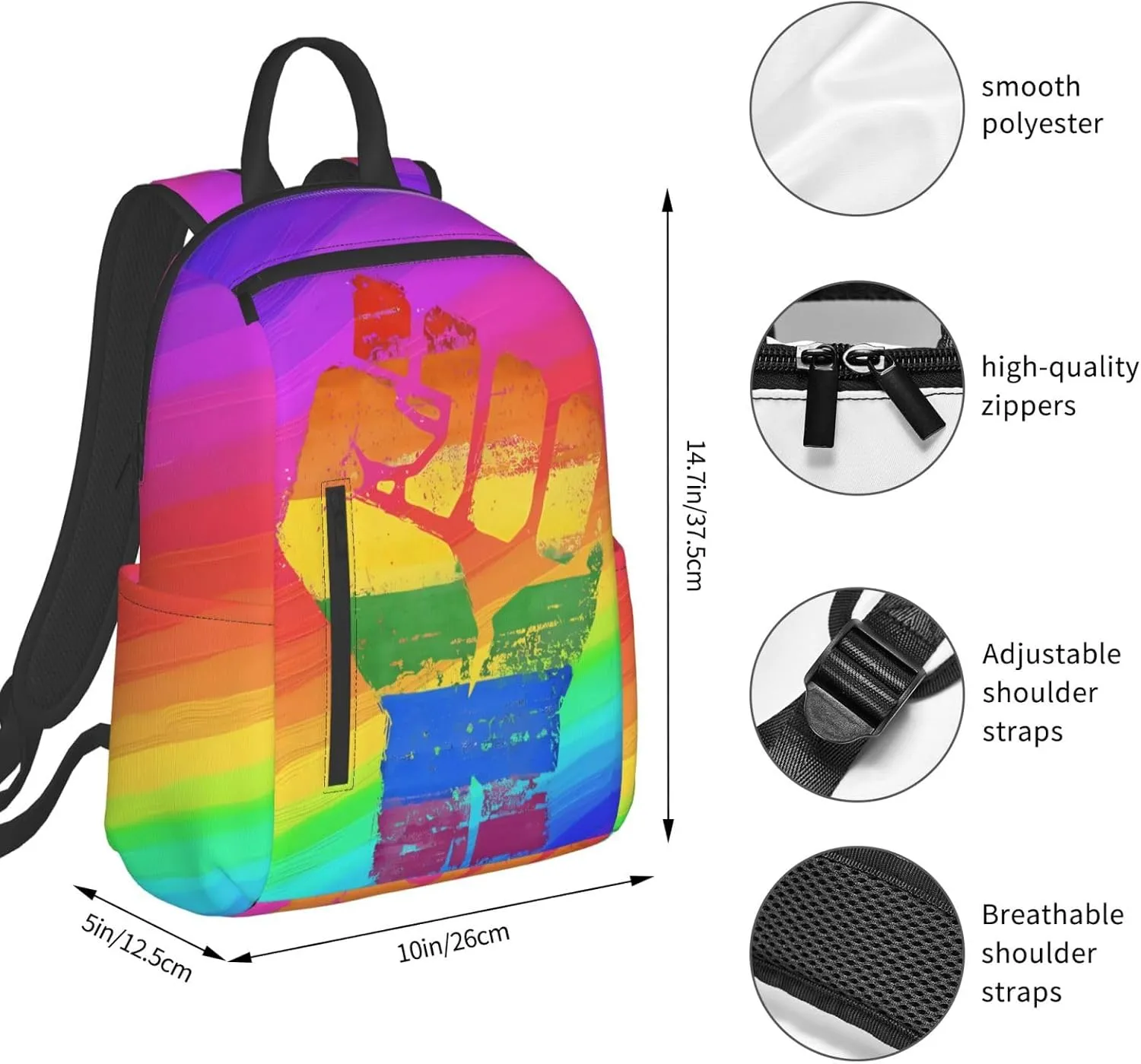 LGBT Rainbow Gay Pride Make A Fist Raise Your Hand Travel Laptop Backpack Casual Backpacks Double Shoulder Daypack Notebook Rucksack Work Bags Sports Bag for Gym Hiking Camping Beach