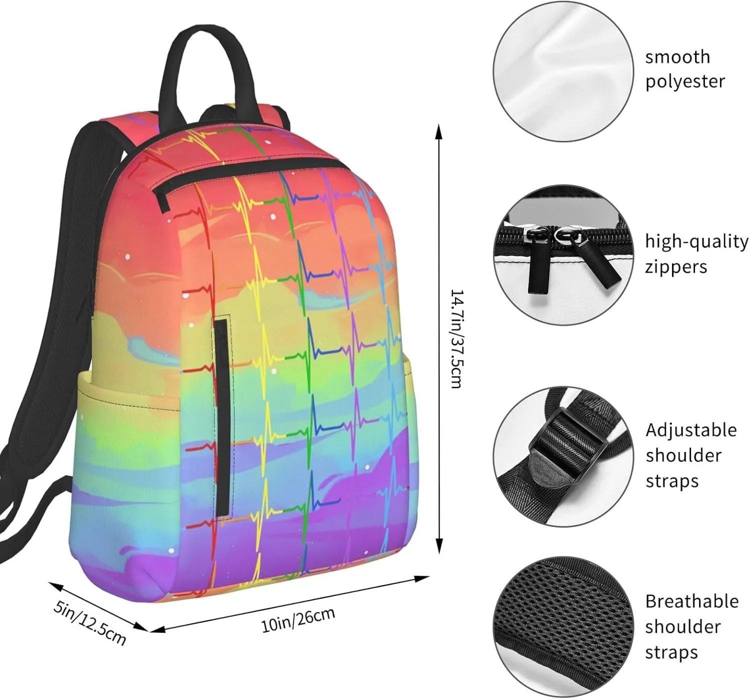 LGBT Rainbow Gay Pride Pulse Heartbeat Line Electrocardiogram Travel Laptop Backpack Casual Backpacks Double Shoulder Daypack Notebook Rucksack Work Bags Sports Bag for Hiking Camping Beach