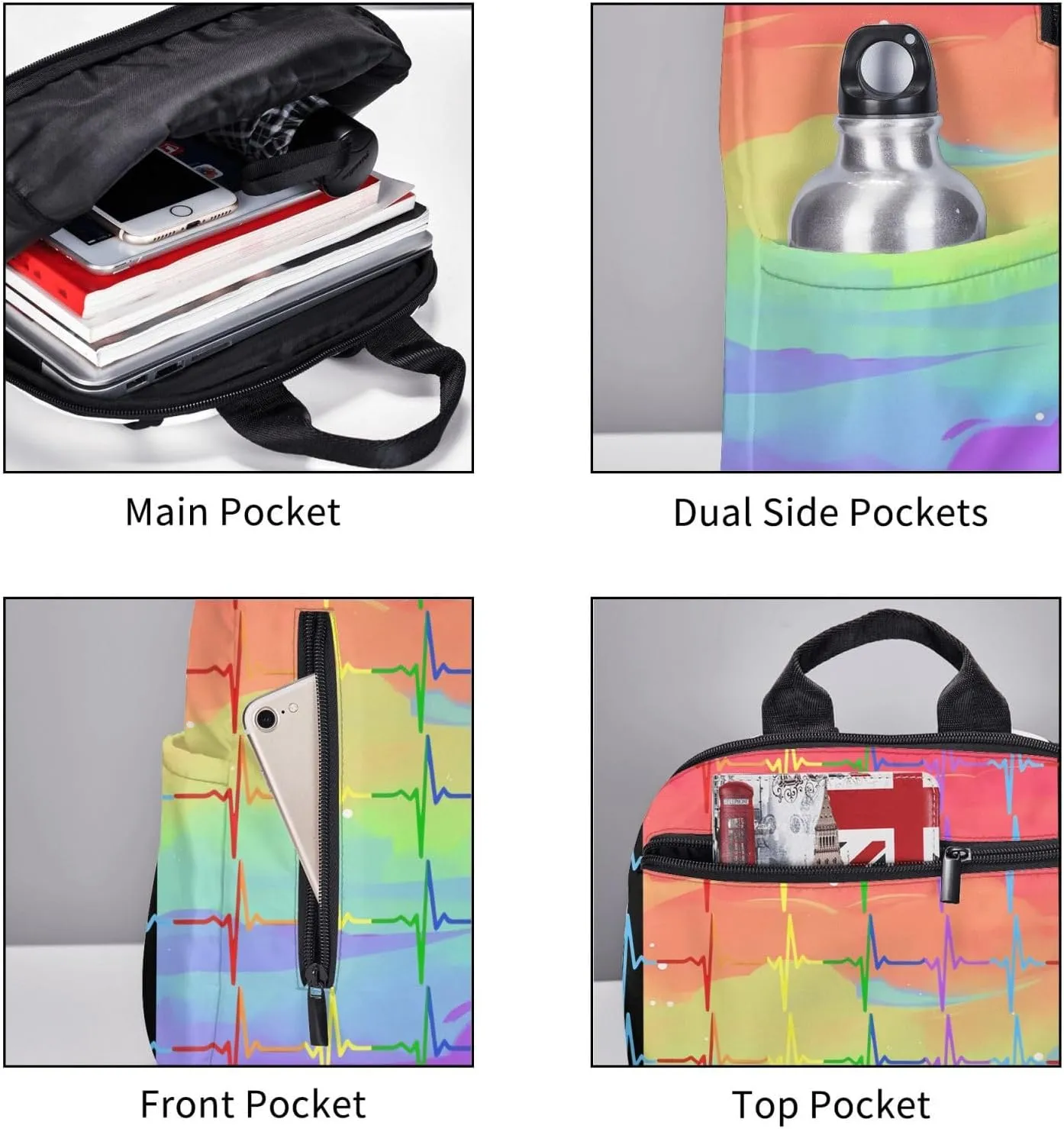 LGBT Rainbow Gay Pride Pulse Heartbeat Line Electrocardiogram Travel Laptop Backpack Casual Backpacks Double Shoulder Daypack Notebook Rucksack Work Bags Sports Bag for Hiking Camping Beach