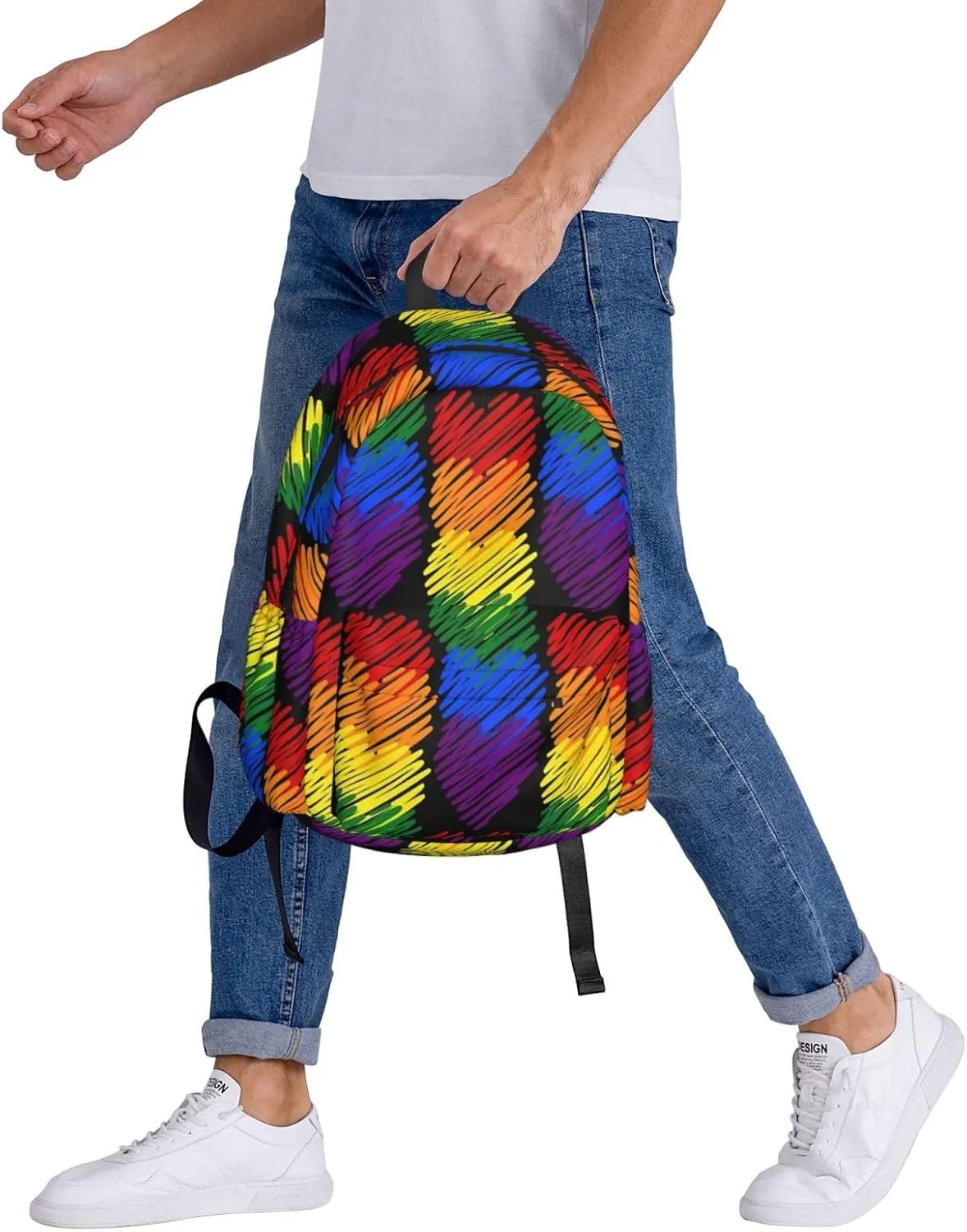 LGBT Rainbow Gay Pride Six Colors Hearts 17 Inch Casual Backpack Laptop Backpacks Travel Back Pack Large Camping Rucksack Hiking Daypack Lightweight Double Shoulder Bag