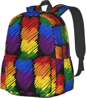 LGBT Rainbow Gay Pride Six Colors Hearts 17 Inch Casual Backpack Laptop Backpacks Travel Back Pack Large Camping Rucksack Hiking Daypack Lightweight Double Shoulder Bag