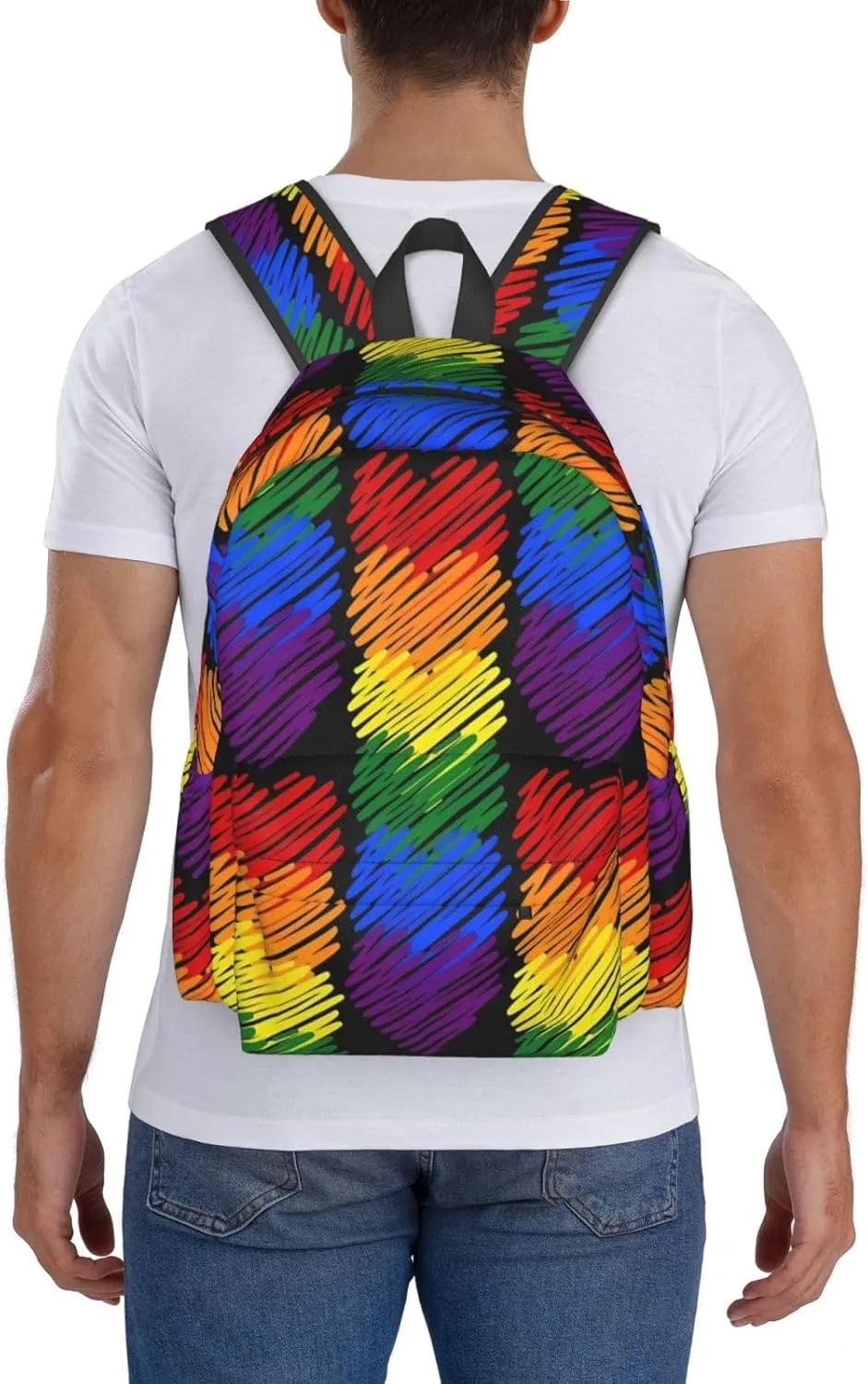LGBT Rainbow Gay Pride Six Colors Hearts 17 Inch Casual Backpack Laptop Backpacks Travel Back Pack Large Camping Rucksack Hiking Daypack Lightweight Double Shoulder Bag