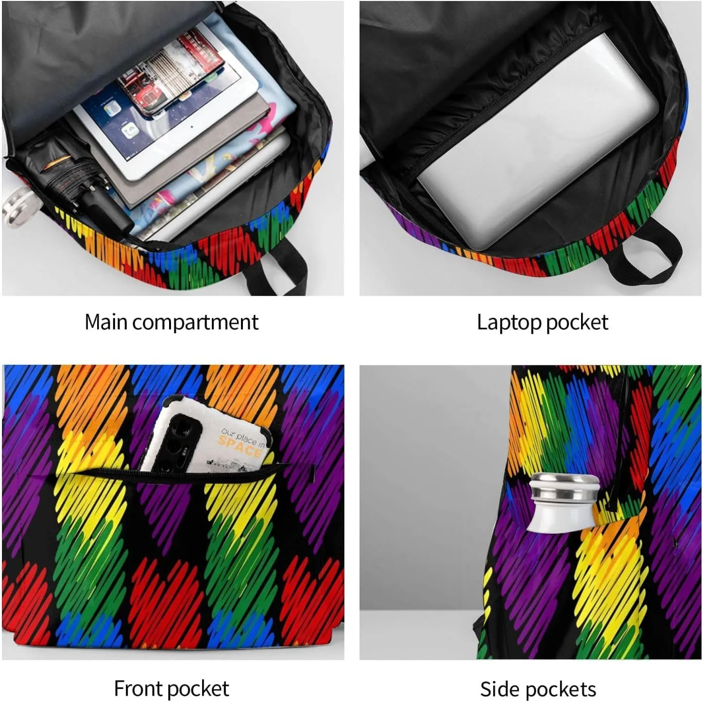 LGBT Rainbow Gay Pride Six Colors Hearts 17 Inch Casual Backpack Laptop Backpacks Travel Back Pack Large Camping Rucksack Hiking Daypack Lightweight Double Shoulder Bag