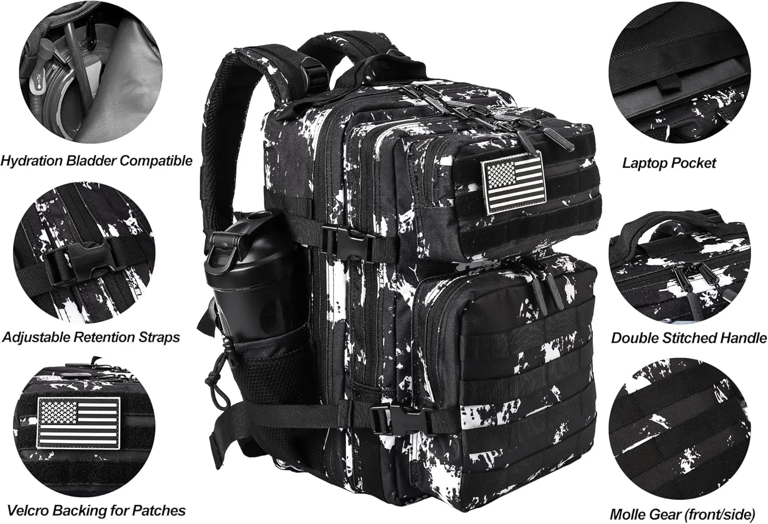 LHI Tactical Military Backpack for Men and Women 25L/35L Army Assault Pack Bag Small Rucksack with Bottle Holder
