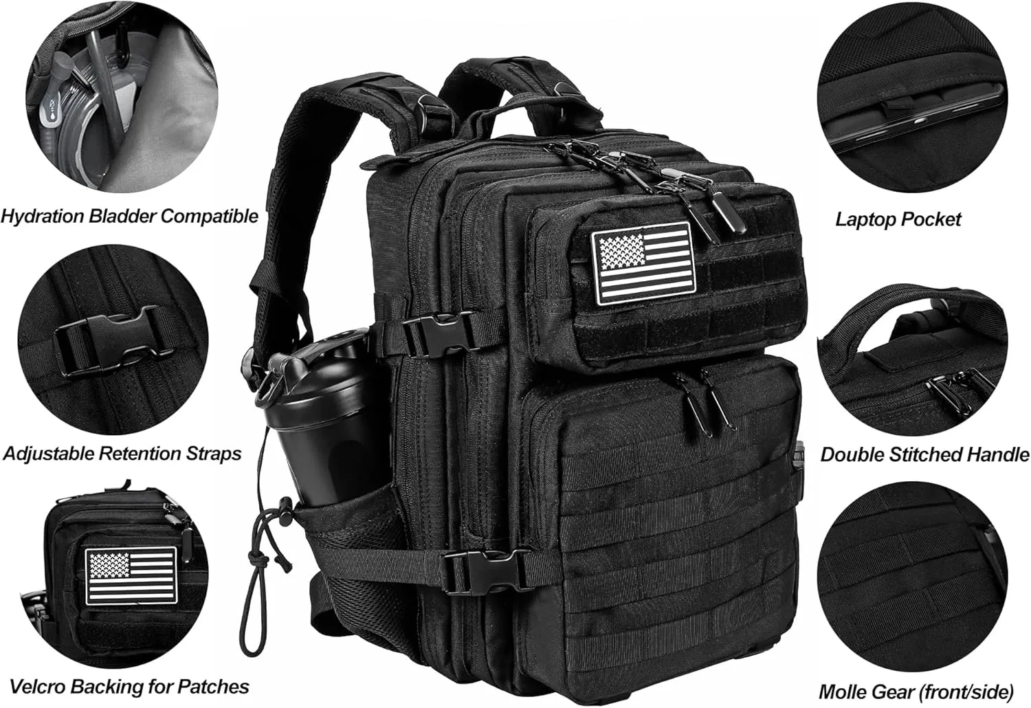 LHI Tactical Military Backpack for Men and Women 25L/35L Army Assault Pack Bag Small Rucksack with Bottle Holder