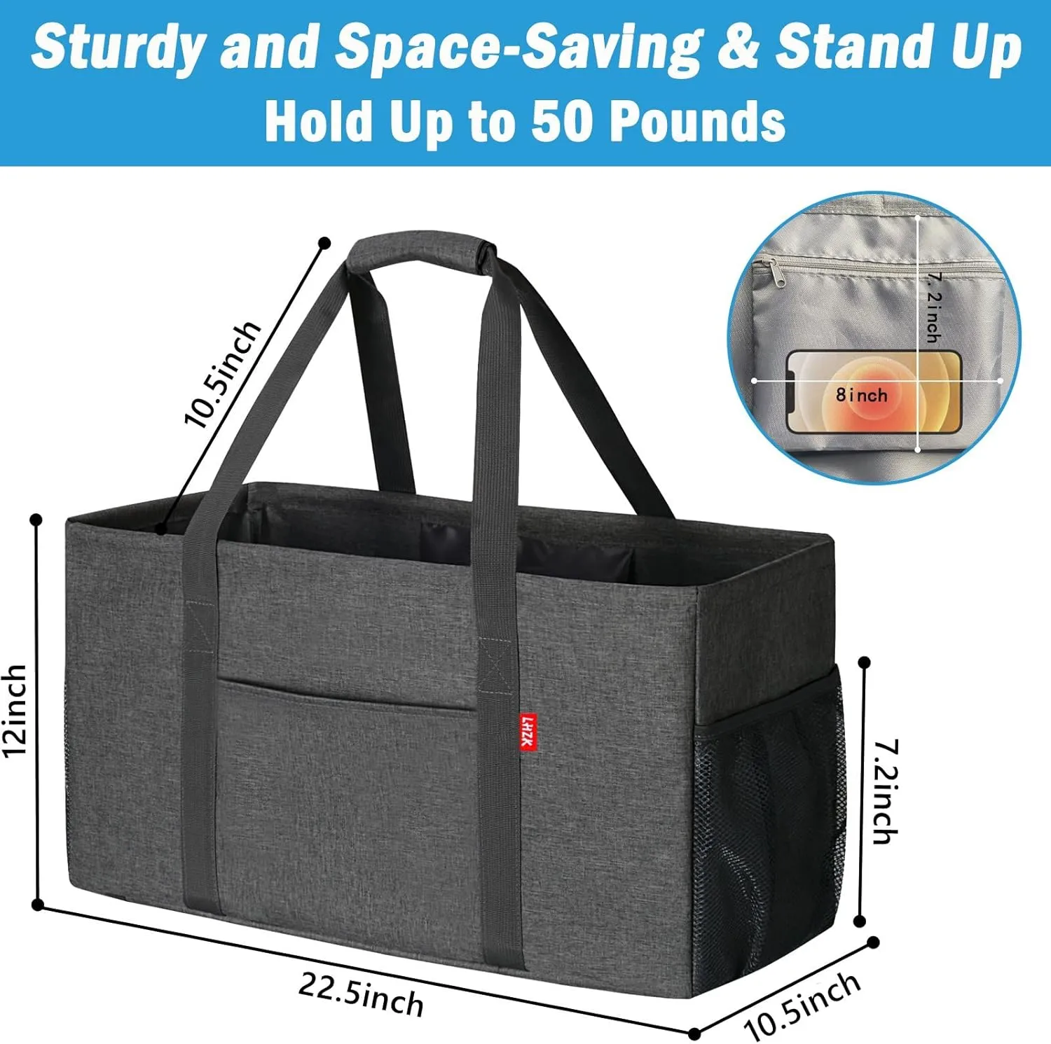 LHZK Standing Extra Large Utility Tote Bag with Metal Wire Frame and the Sides Rinforced, Extra Large Tote Bag with Handle, Reusable Grocery Bags Foldable, Beach Bag, Car Tote (Grey)