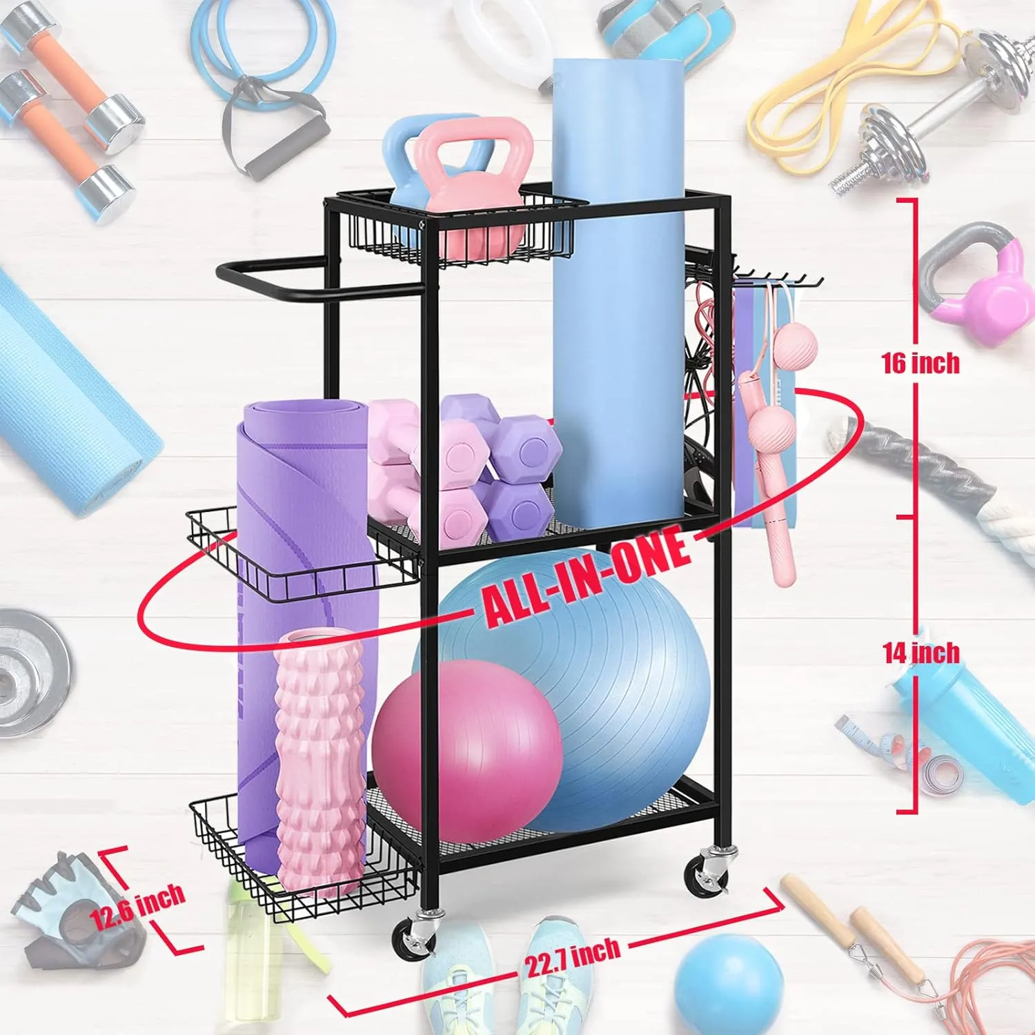 LIANTRAL Dumbbell Rack, Yoga Mat & Balls Organizer - Home Gym Equipment Storage with Hooks & Wheels