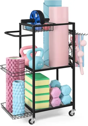 LIANTRAL Dumbbell Rack, Yoga Mat & Balls Organizer - Home Gym Equipment Storage with Hooks & Wheels