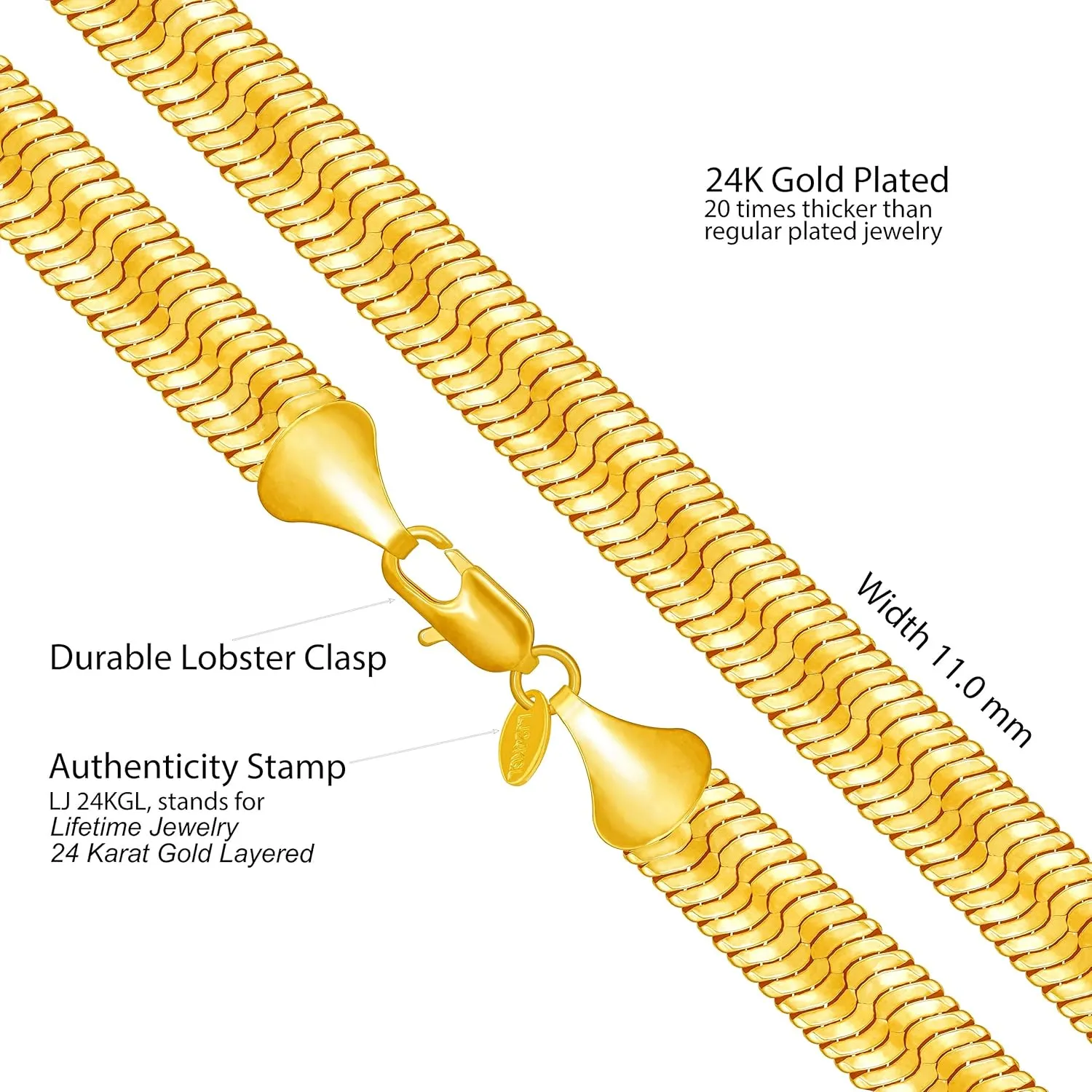 LIFETIME JEWELRY 11mm Flexible Herringbone Chain Necklace 24k Real Gold Plated