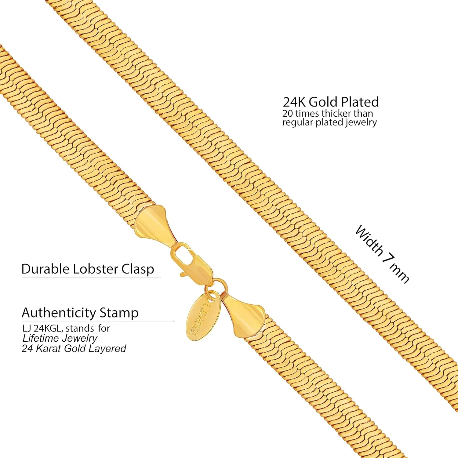 LIFETIME JEWELRY 7mm Flexible Herringbone Chain Necklace 24k Real Gold Plated