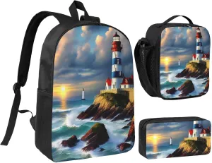 Lighthouse Diamond Paint print 3 Piece Backpack Bags with Lunch Box Pencil Case Set for Travel Work Camping Unisex