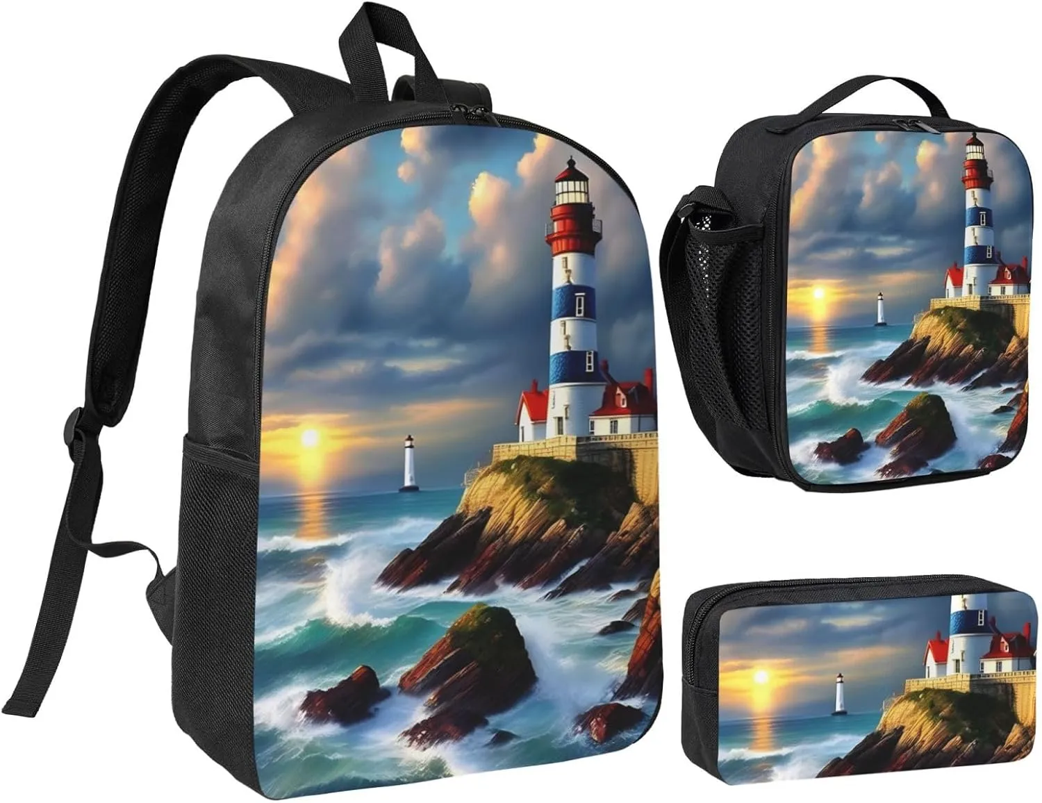 Lighthouse Diamond Paint print 3 Piece Backpack Bags with Lunch Box Pencil Case Set for Travel Work Camping Unisex