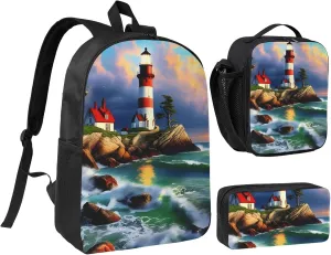 Lighthouse Diamond Painting print 3 Piece Backpack Bags with Lunch Box Pencil Case Set for Travel Work Camping Unisex