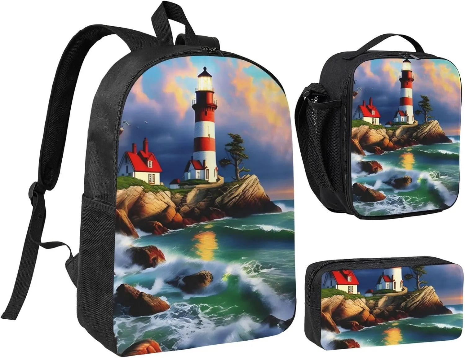 Lighthouse Diamond Painting print 3 Piece Backpack Bags with Lunch Box Pencil Case Set for Travel Work Camping Unisex