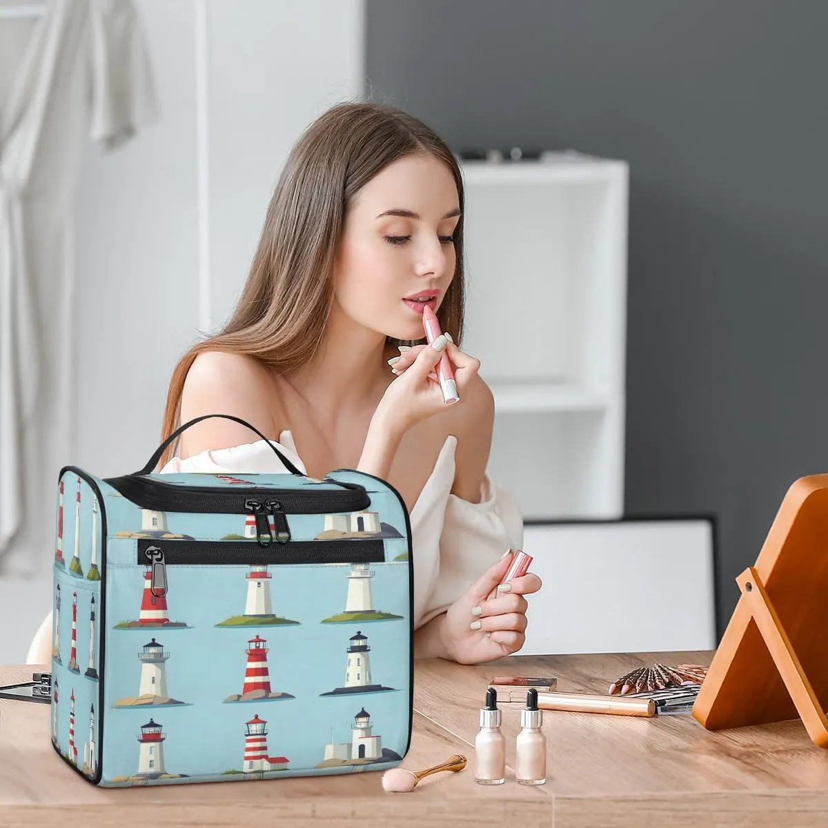 Lighthouse Travel Toiletry Bag for Women Large Capacity Wide-open Makeup Organizer Cosmetic Travel Bags for Toiletries, Ocean Theme